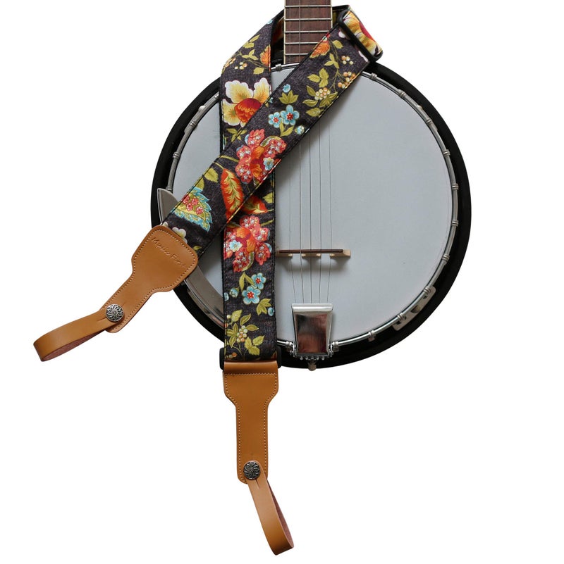 MUSIC FIRST Original Design, 2 inch width (5cm), Vintage French Country Style â€œFloralâ€ Soft Muslin & Genuine Leather Delux Banjo Strap, With 2 pieces of MUSIC FIRST Leather Strap Locker. - Image 1